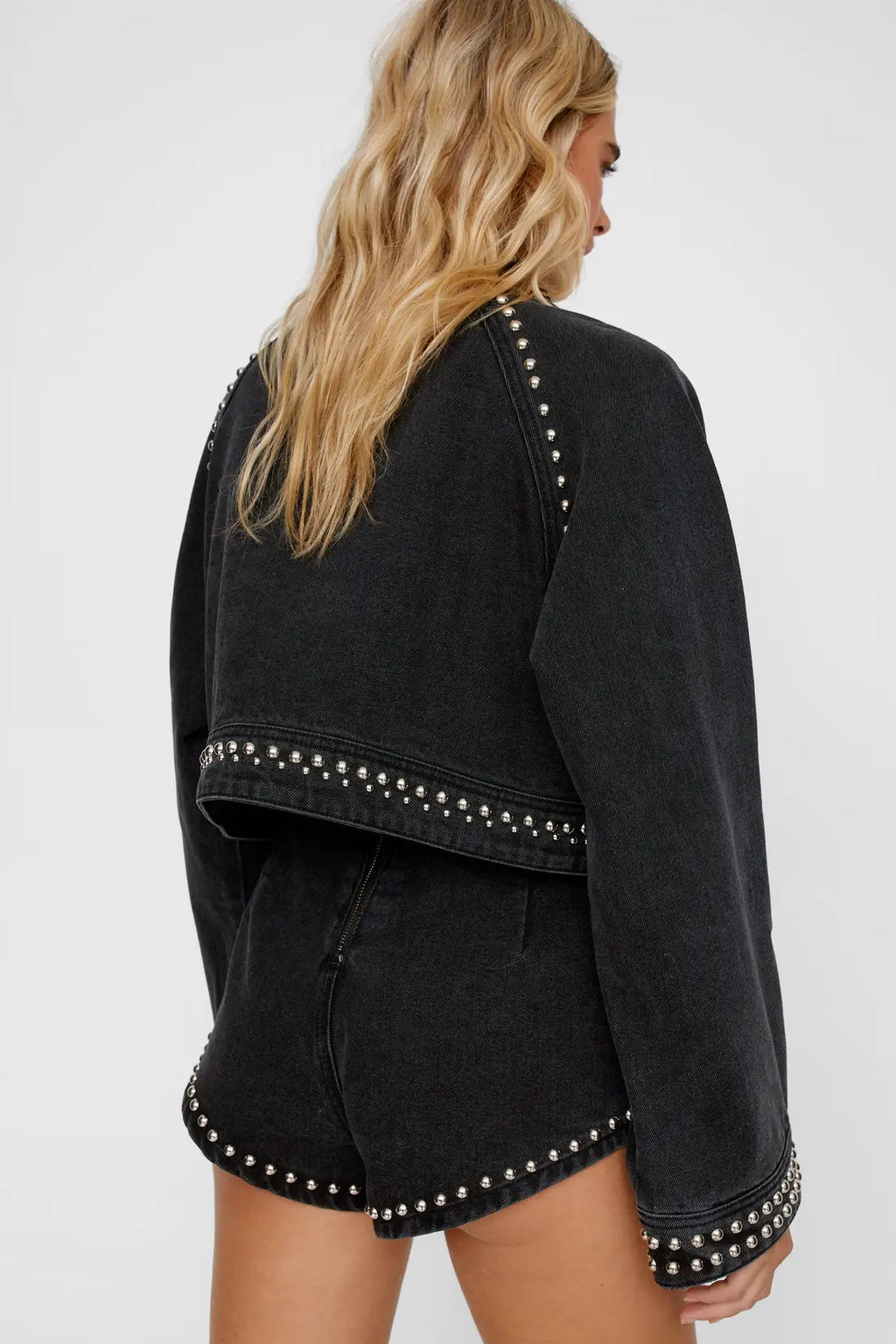 Heart Studded Cropped Denim Jacket