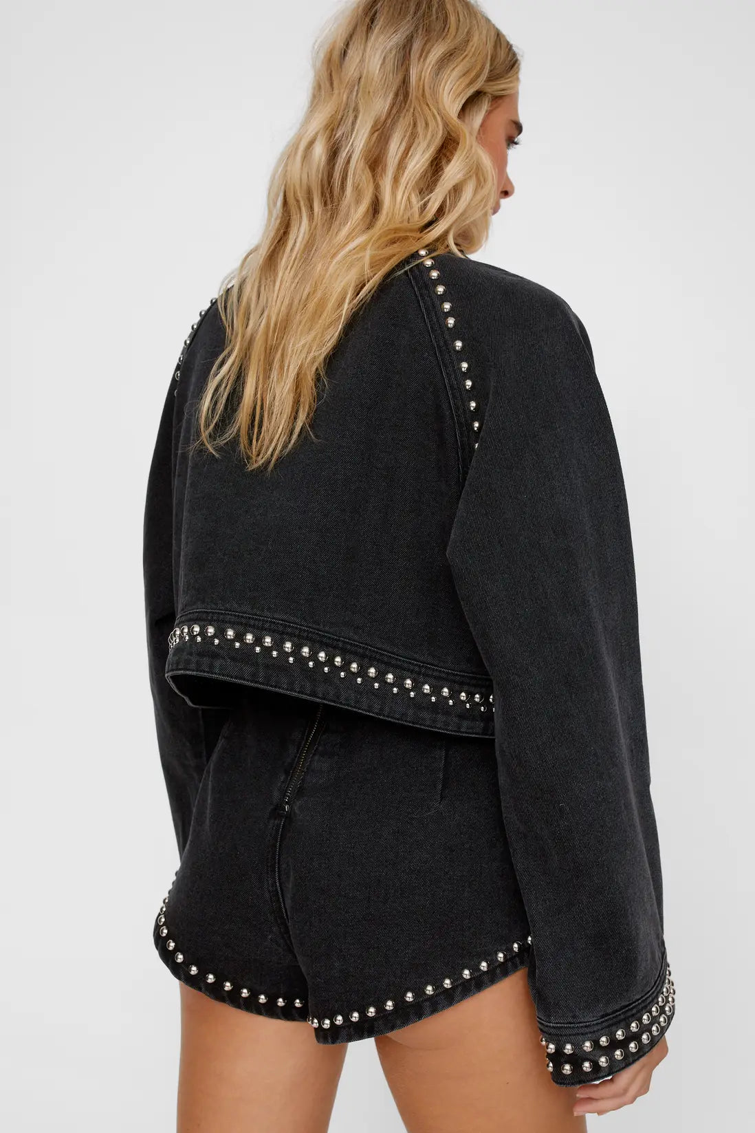 Heart Studded Cropped Denim Jacket