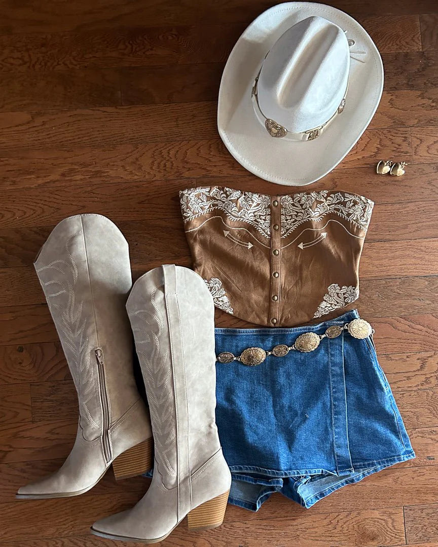 Brown Faux Suede Western Embroidered Strapless Corset Top
