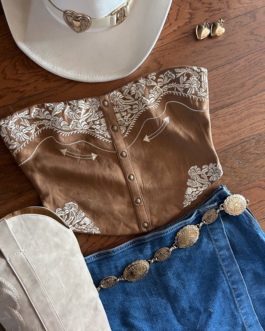 Brown Faux Suede Western Embroidered Strapless Corset Top