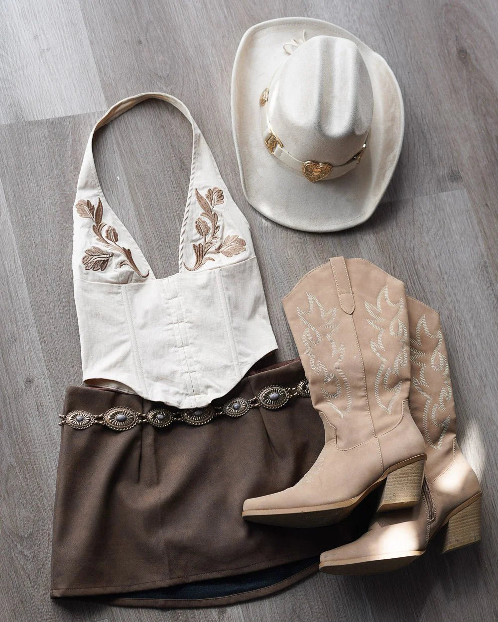 Sirena Beige Western Floral Embroidered Halter Top