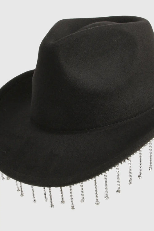 Black Diamante Tassel Trim Cowboy Hat