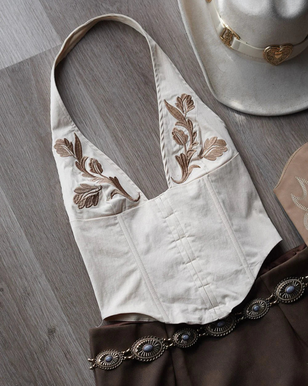 Sirena Beige Western Floral Embroidered Halter Top
