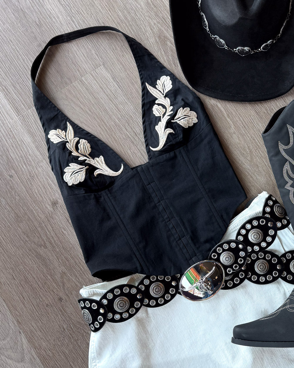 Sirena Black Western Floral Embroidered Halter Top