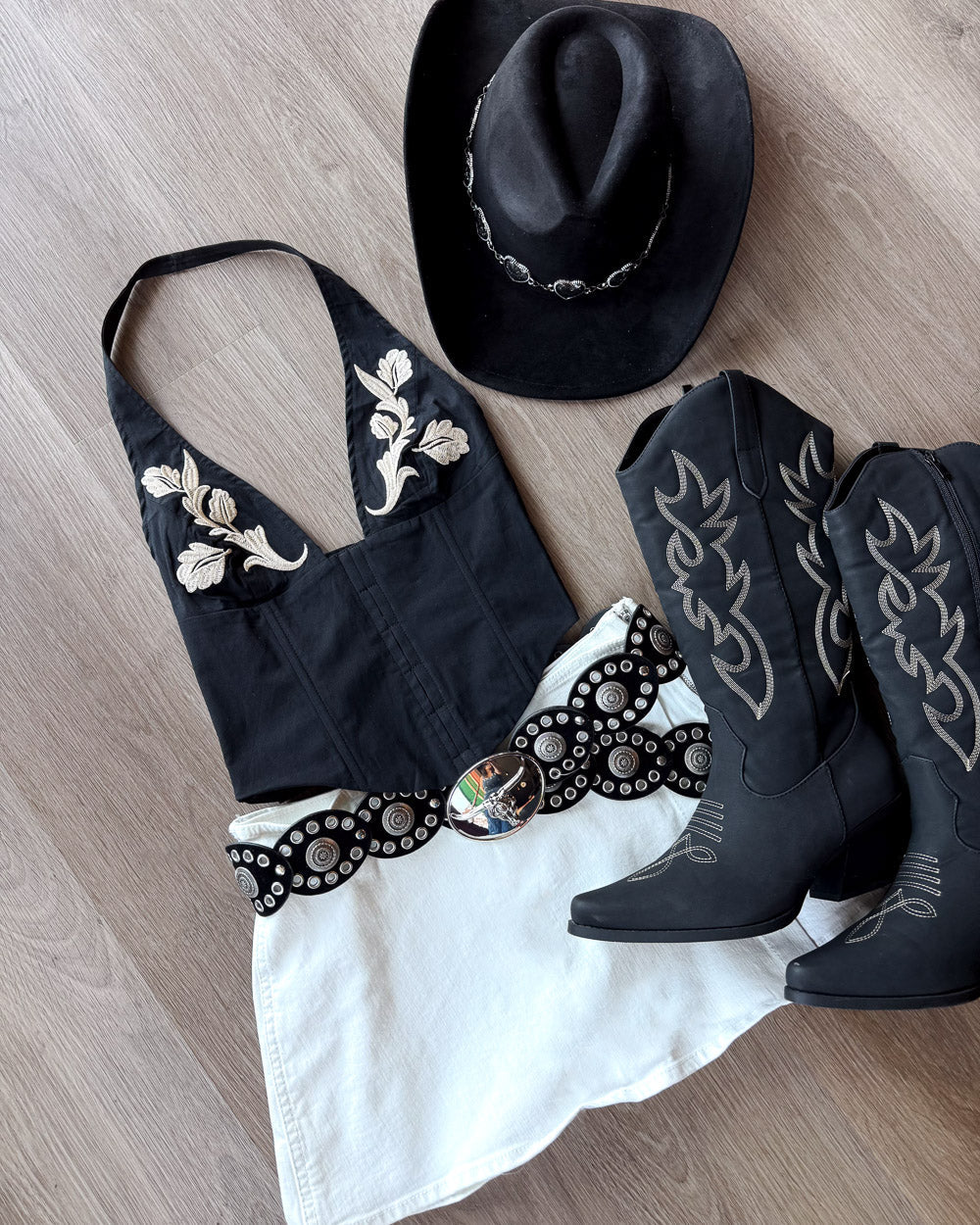 Sirena Black Western Floral Embroidered Halter Top